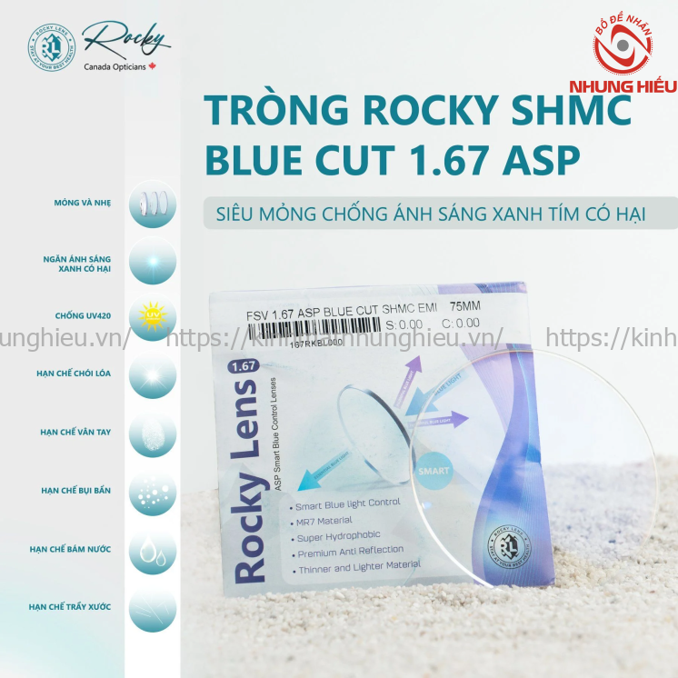 Tròng kính ROCKY BlueCut 1.67 siêu mỏng chống Ánh Sáng Xanh