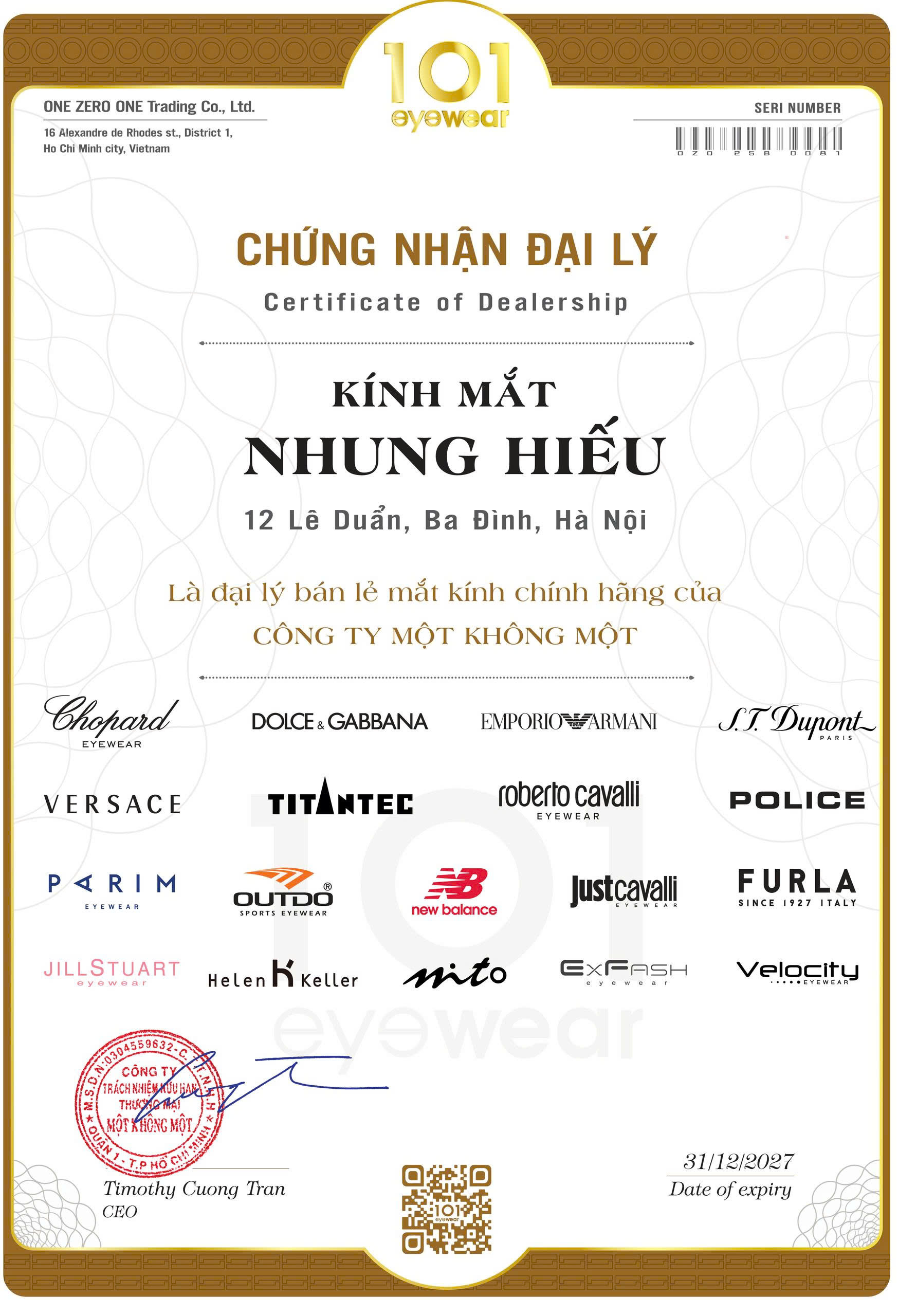 Chứng nhận đại lý của công ty 101