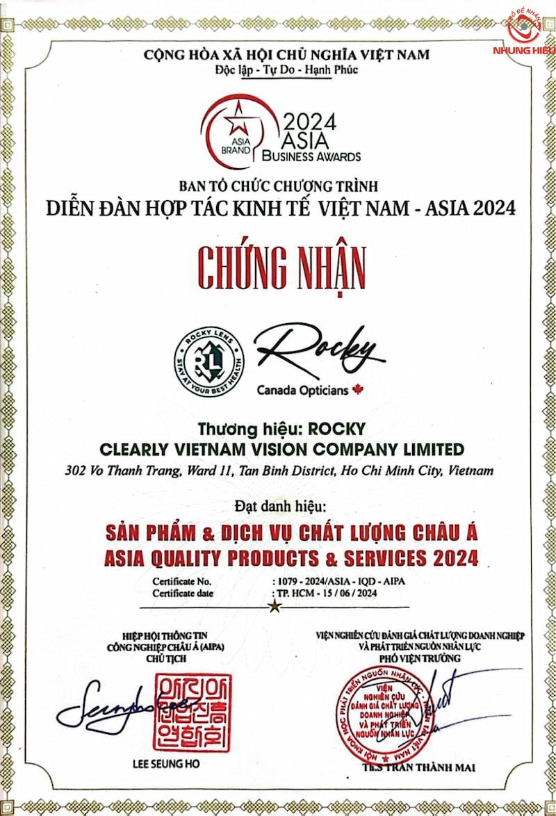 Chứng nhận Sản phẩm & Dịch vụ Chất lượng Châu Á 2024 của Rocky