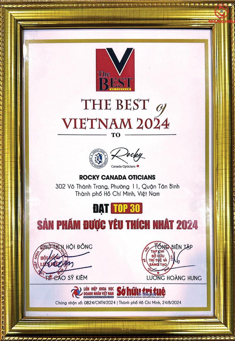 Chứng nhận top 30 sản phẩm yêu thích 2024 của tròng Rocky